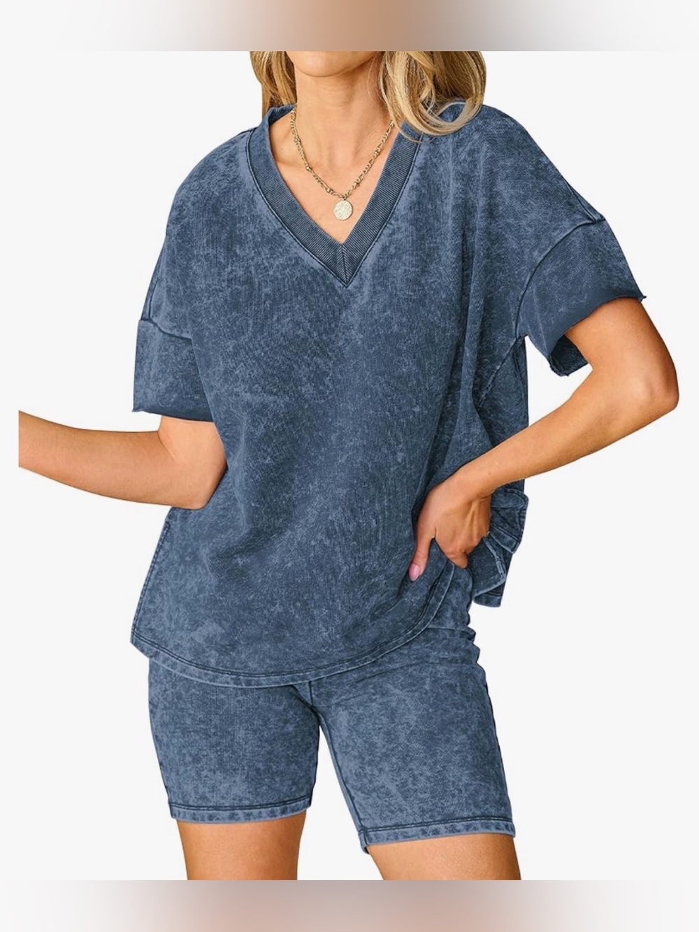 Miduo Women’s v-neck cotton shorts matching sets mineral washed size M